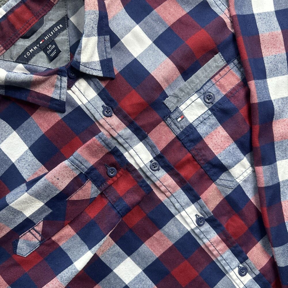 Tommy Hilfiger Plaid Shirt Boys Large L 16/18 Red Blue Plaid Sleeve Button Up
